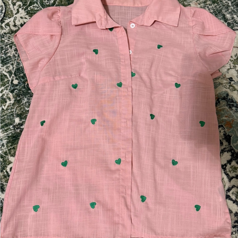 SHEIN Pink Button Down Kids Shirt with Green Heart Details
